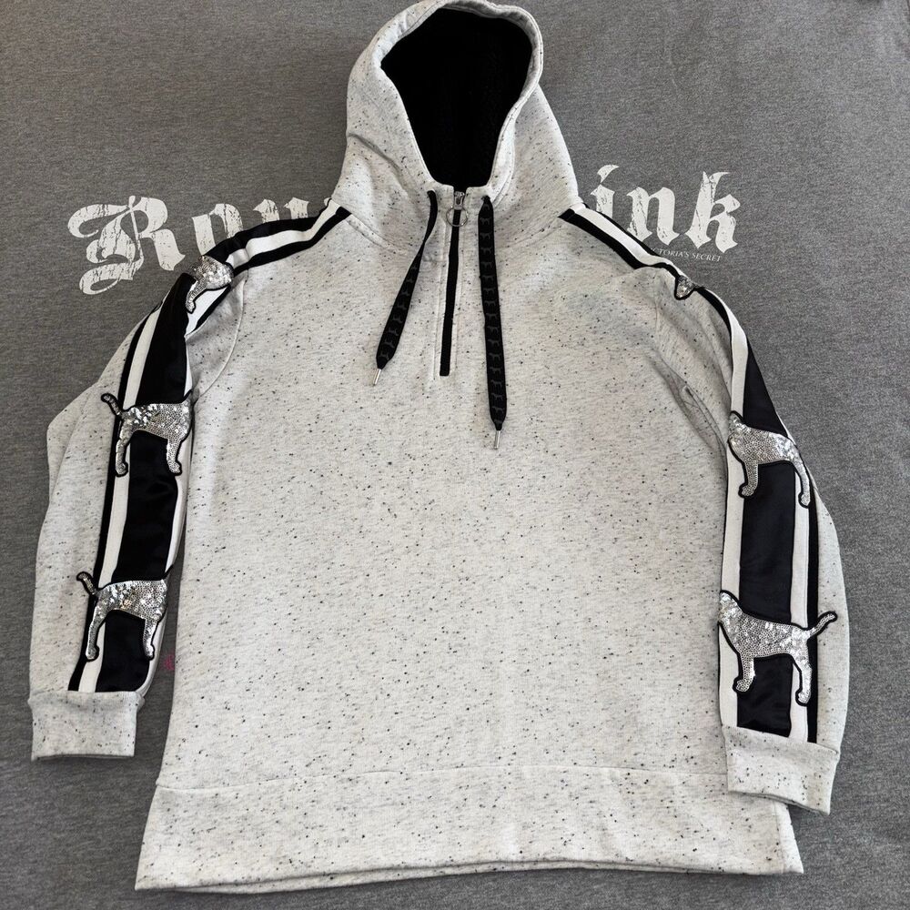 Victoria's Secret PINK Hoodie Silver Sequin Bling Pup Dog Logo Pullover Medium - Picture 4 of 16